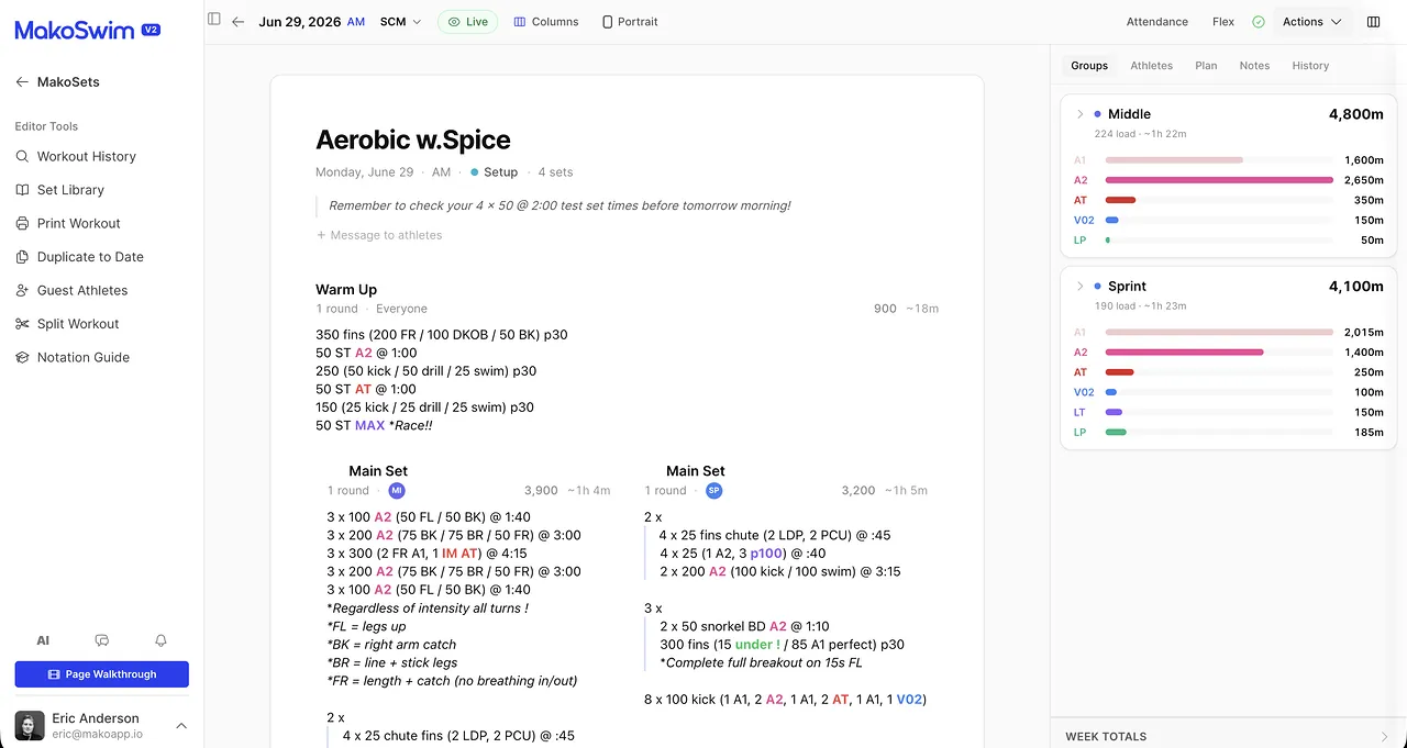 The MakoSets workout editor: a written session on the left, with live volume, energy-zone, stroke, style and equipment totals for each training group on the right.